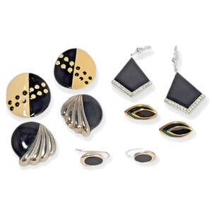 Vtg Earring Lot 5 Pair Black White Silver Gold Enamel 80s Retro Mod Allison Reed